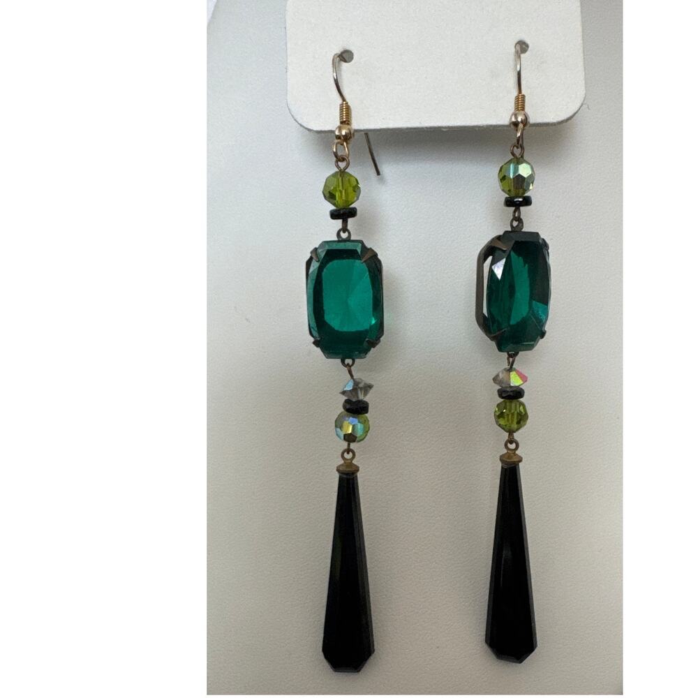 1990s–2000s Teal Glass & Onyx-Style Drop Earrings - Picture 5 of 11